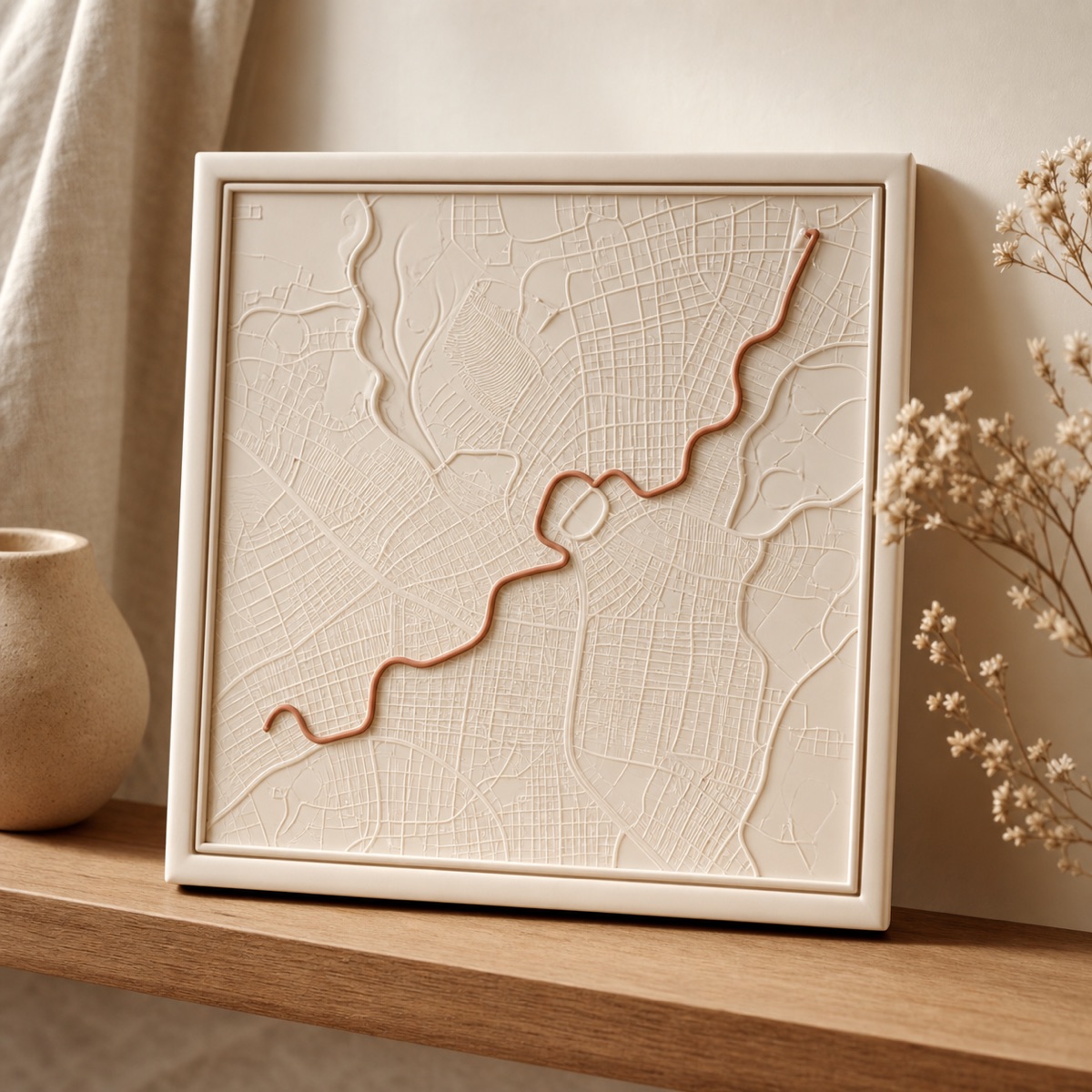 Couple Route keepsake on a bedside shelf — a raised route line with two names and a date