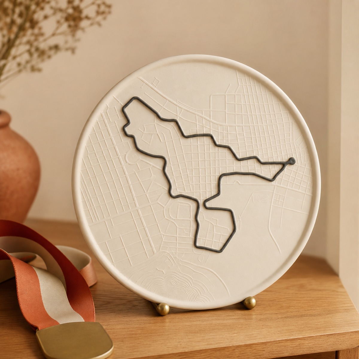 Race Route keepsake beside a finisher medal — route line with name, distance, and time