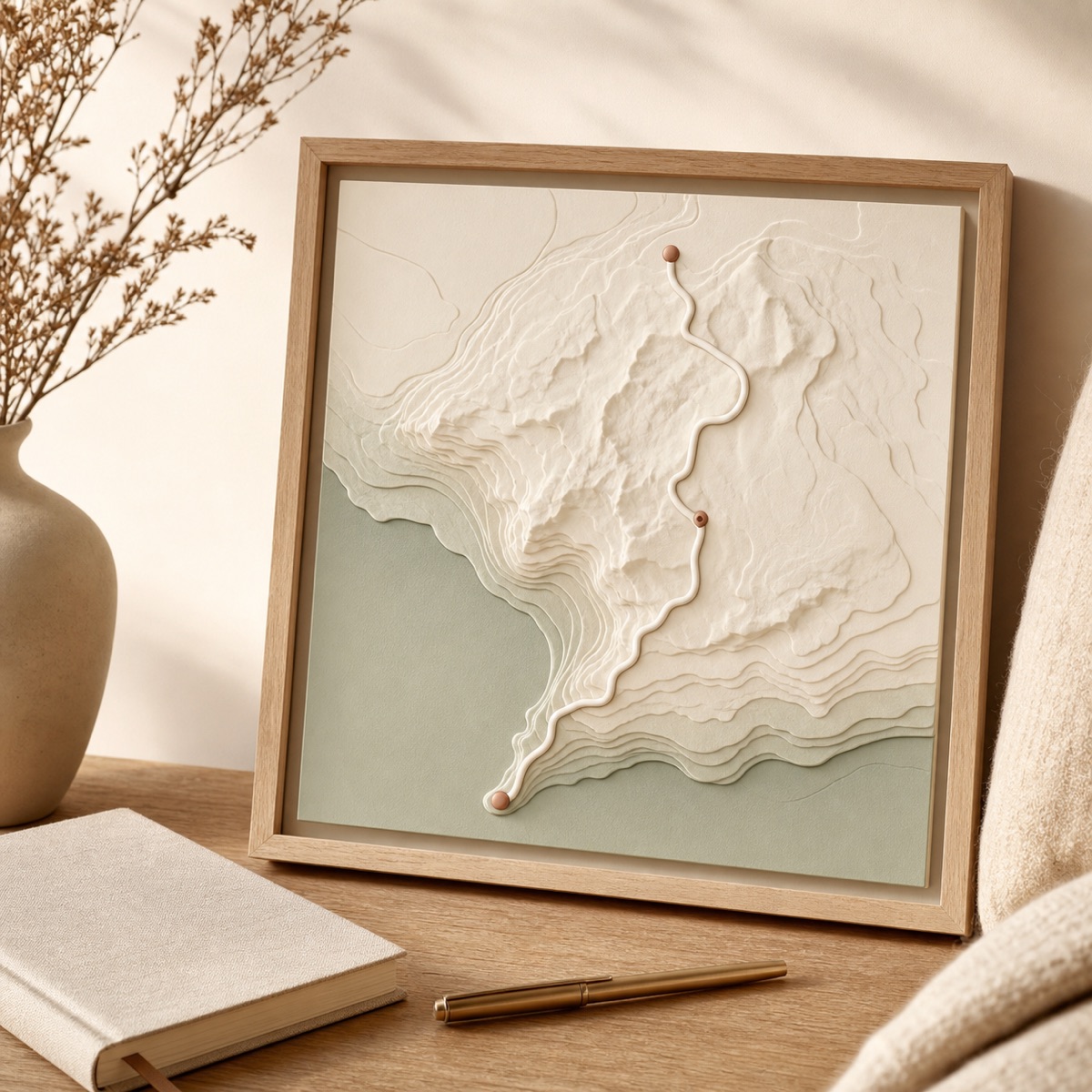 Travel Route keepsake held in two hands — a journey rendered as a raised route line
