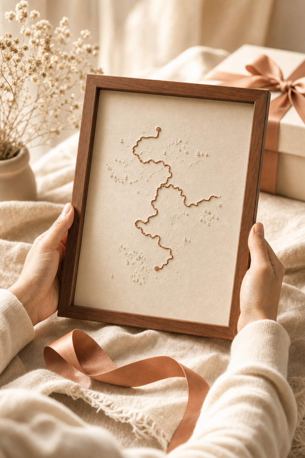 Hands holding a framed Hold Dear route keepsake